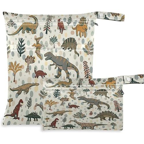 visesunny Vintage Dinosaur Plant 2Pcs Wet Bag with Zippered Pockets Washable Reusable Roomy for Travel,Beach,Pool,Daycare,Stroller,Diapers,Dirty Gym Clothes, Wet Swimsuits, Toiletries