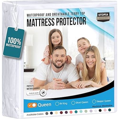 Utopia Bedding Waterproof Mattress Protector Queen Size, Premium Terry Mattress Cover 200 GSM, Breathable, Fitted Style with Stretchable Pockets (White)