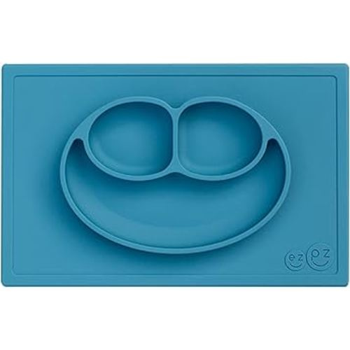 ezpz Happy Mat - 24 Months+ (Blue) - 100% Silicone Suction Plate with Built-in Placemat for Toddlers + Preschoolers - Divided Toddler Plates - Toddler Essentials