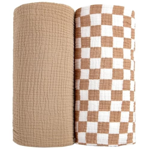 lulumoon Muslin Swaddle Blankets for Baby: Soft Cotton Newborn Receiving Blankets - Plaid Print Nursery Gift Set for Baby Girls(Mocha Plaid)