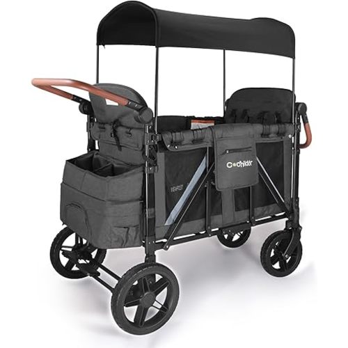 Elite Pro All-Terrain 4 Seater Wagon Stroller for Kids - Heavy-Duty 300lb Capacity, One-Hand Fold Design, High Seats with 5-Point Harness, Adjustable Canopy and Handlebars, Dark Grey