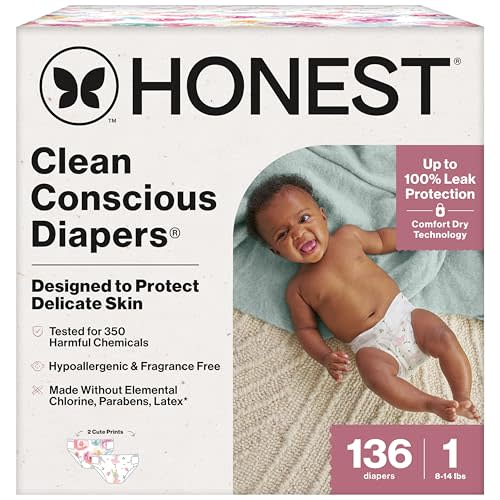 The Honest Company Clean Conscious Diapers for Sensitive Skin | Hypoallergenic, Fragrance Free | Girl Prints | Super Club Box, Size 1 (8-14 lbs), 136 Count