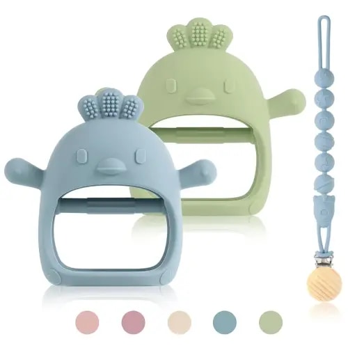 3 Packs Baby Teether Toy for 0-6 6-12 Months,Hold & Wear,BPA Free,Food Grade Silicone Teething Mitten, Anti Dropping Wrist Hand Teethers Baby Chew Toys for Sucking Needs(Blue & Green)