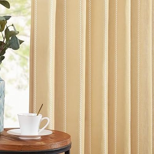 jinchan Linen Blend Curtains 84 Inches Long Mustard Yellow Striped Curtains for Living Room Farmhouse French Country Light Filtering Drapes Semi Sheer Window Treatment for Bedroom 2 Panel Sets