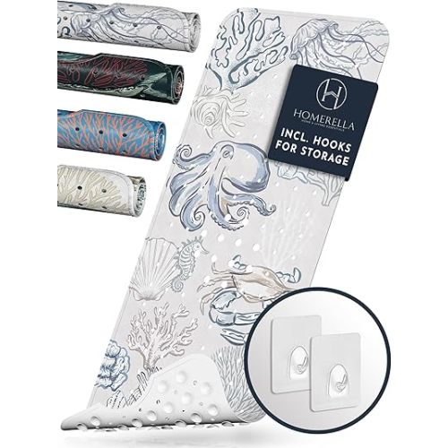 Homerella Baby Bath Tub Mat | Anti Mold Mildew Resistant Non Slip Kids and Adult Bath Tub Shower Mats | 40x16 inch Long with Suction Cups for Secure Grip Hooks for Storage & Drying | Machine Washable