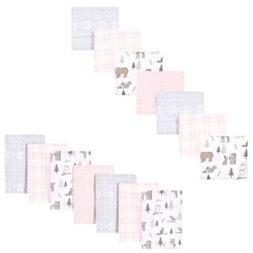 Hudson Baby Infant Girl Cotton Flannel Burp Cloths And Receiving Blankets, 14-piece, Winter Forest, One Size