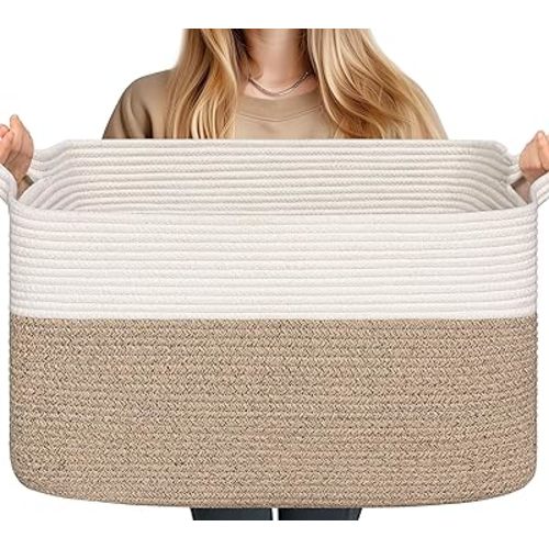 CHICVITA Large Basket, Storage Baskets for Organizing, Blanket Storage for Living Room, Bedroom, Rectangle Rope Baskets for Storage, Woven Baby Basket for Clothes, Towels, 22" x 15" x 12"