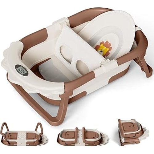 MoreFeel Foldable Baby Bathtub with Thermometer - 4-in-1 Grow-with-Me Collapsible Infant Tub (Newborn to Toddler) with Adjustable Mesh Sling - Space Saving Design