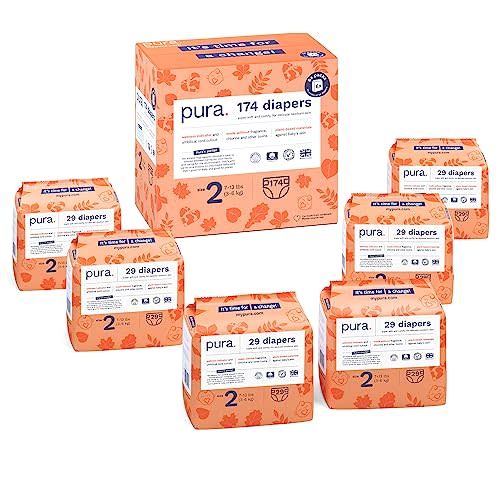 Pura Size 2 Eco-Friendly Diapers (7-13lbs) Hypoallergenic, Soft Organic Cotton Comfort, Sustainable, Wetness Indicator, Allergy UK, Recyclable Paper Packaging, 6 Packs of 29 (174 Diapers)