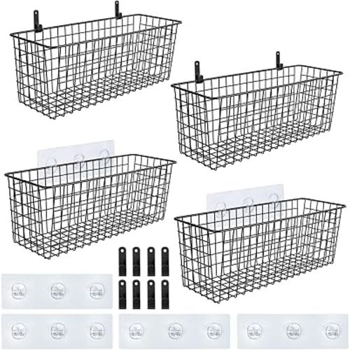 4 Set [EXTRA LARGE] Wall Mount Hanging Storage Baskets w/Adhesive Hooks & Steel Hooks, Multiuse Sturdy Wire Metal Organizing Baskets for Home Kitchen Bathroom Pantry Utility Laundry Organizer, Black