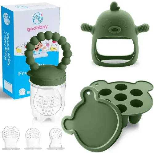 Baby Fruit Food Feeder Breastmilk Popsicle Molds for Teething Relief - 3 Pack Feeding Sets -1 Freezer Tray with Lid & 1 Teether Toy & 1 Silicone Pacifier + 3 Extra Sizes Infant Feed Mesh (Olive Green)
