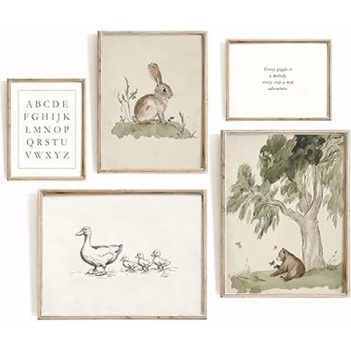 Vintage Nursery Wall Art Kids Canvas Prints Baby Boys Wall Decor Animal Pictures Bunny Poster Neutral Children Prints Duck Painting Woodland Bear Artwork for Farmhouse Bedroom 8x10 Inch Unframed