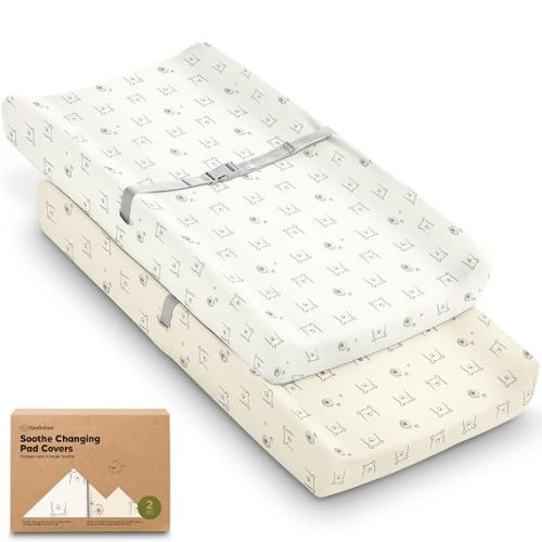 2-Pack Organic Changing Pad Covers for Girl, Boy, 100% Cotton (Bumble Bear) | 34x18, Soft Diaper Changing Table Pad Cover, Contour Baby Changing Pad Sheets, Gender Neutral Liners, Nursery Dresser, Fitted
