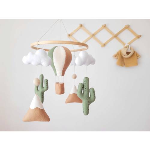 Air balloon cactus nursery decor, boho nursery decor, mushroom baby mobile, baby room decor, playroom decor. safari theme nursery