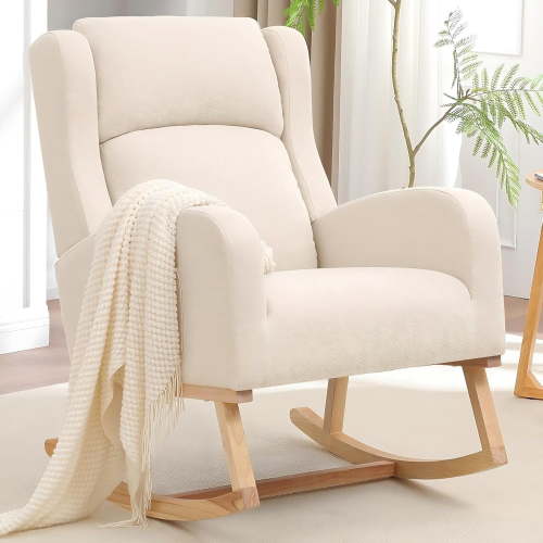 Rocking Chair Nursery, Nursing Rocking Chairs for Mom Nursery, Wingback Glider Rocking Armchair with Side Pocket for Nursery Living Room, Beige