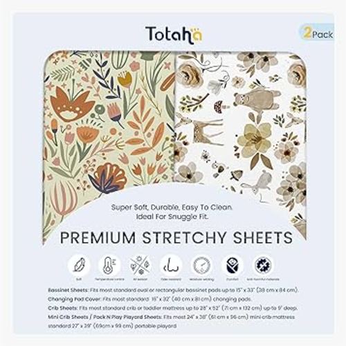 TotAha Crib Sheets for Boys Girls, Buttery Soft Crib Mattress Fitted Sheet, Super Stretchy Jesery Knit Baby Sheet, Silky Comfort Baby Bed Sheets 28x52x9 Extra Deep Pocket(Botanical Garden & Cute Bear)