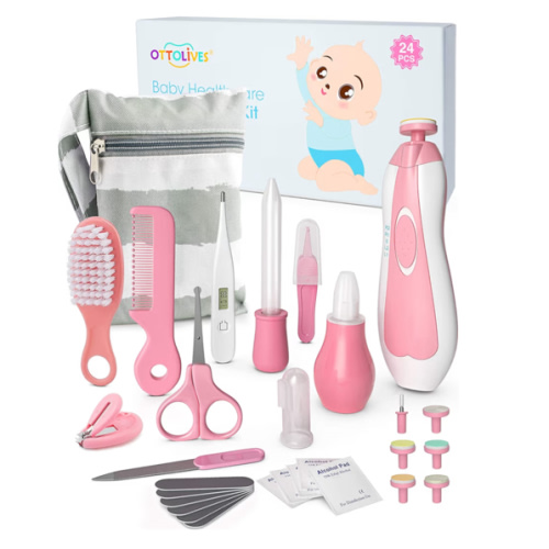 OTTOLIVES Baby Healthcare and Grooming Kit, 24 in 1 Baby Electric Nail Trimmer Set Newborn Nursery Health Care Set for Newborn Infant Toddlers Baby Boys Girls Kids Haircut Tools (0-3 Years+) (Pink)