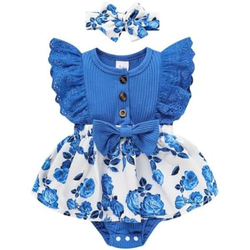Sinhoon Baby Girl Clothes Newborn Ruffled Sleeveless Romper Floral Dreesy Bodysuit Heaedband 3pcs Baby Girl Summer Clothes