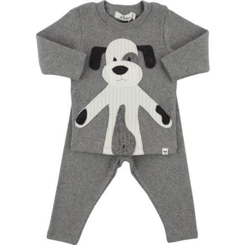 Large Cream Puppy Applique Long Sleeve Two Piece Set, 3-6M