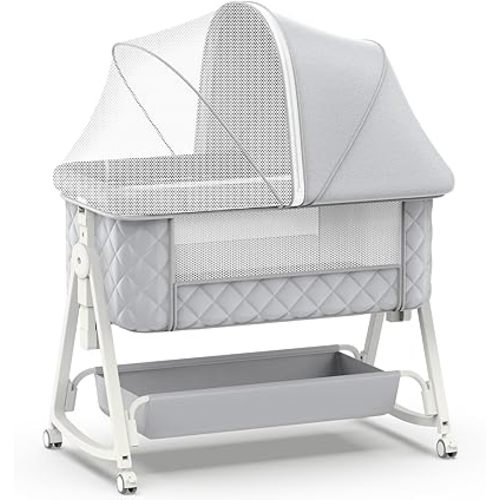 Baby Bassinet,5 in 1 Bassinet Bedside Sleeper, 6-Level Height Adjustment,Safe and Stable Portable Crib,Breathable net, Storage Basket, Mosquito net, Baby Crib for Newborn(Grey)
