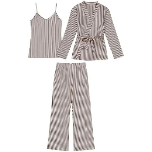 Tanming Womens Pjs Sets 3 Piece Lounge Sets Striped Wrap Top Camisole Wide Leg Pants Cute Soft Pajama Set