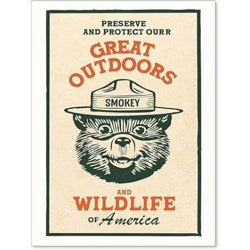 Cute Kids Bear Wall Art Nature Conservation Wildlife Animal Poster Retro Beige Cabin Canvas Prints for Outdoorsy Camping Wall Decor 12x16 inch Unframed
