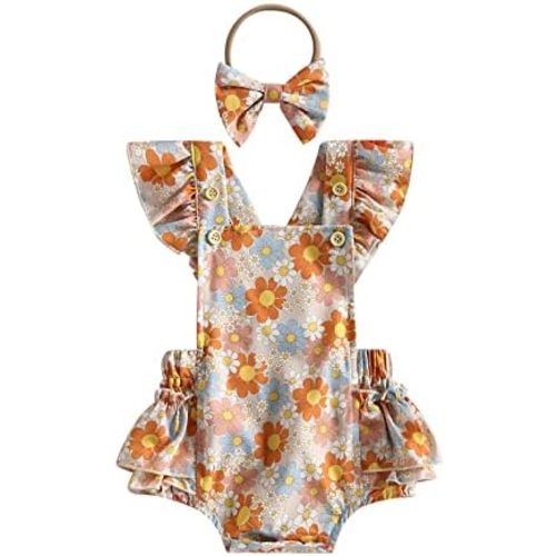 YINGISFITM Newborn Infant Baby Girl Summer Clothes Floral Print Fly Sleeve Bubble Romper and Headband Cute Boho Outfit