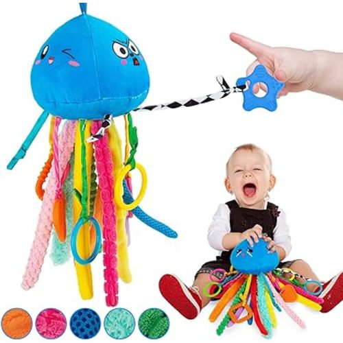 teytoy Sensory Toy, Texture Toys for Babies with Rattle, Autism Sensory Toys Jellyfish Shape Tactile Sensory Toys with 10 Textures, Baby Sensory Toys for 0-3-6-18 Months Soft Baby Toys with Teethers