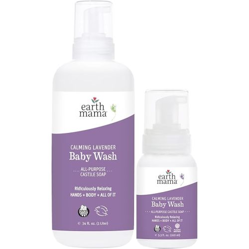 Earth Mama Calming Lavender Baby Wash Liquid Foaming Hand Soap Set, Organic All-Purpose Lavender Body Wash for Sensitive Skin, Castile Soap Coconut Oil, Calendula, & Aloe, 5.3Fl Oz & Liter Refill