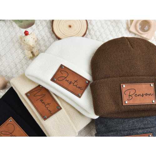 Newborn baby Beanies,Leather Patch Beanies for Baby Personalized,Beanies for Babies,Infant Beanie with Name,Kid Knitted Hat,Baby Shower Gift