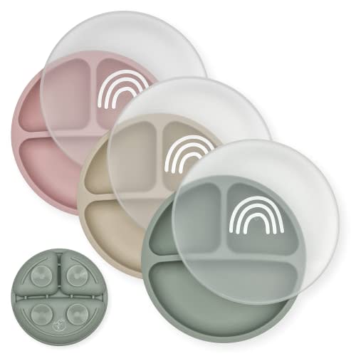 Hippypotamus Toddler Plates with Suction - 100% Food-Grade Silicone Baby Plates with Lids - Microwave & Dishwasher Safe - BPA Free - Set of 3 (Sage/Blush/Nude with LIDS)