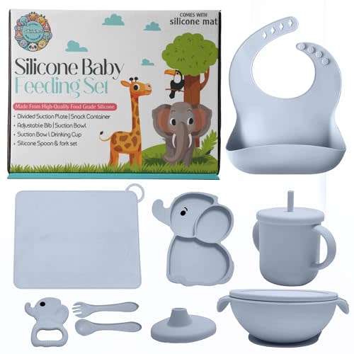 SiliAnimal Elephant-Themed Silicone Baby Feeding Set - Includes Suction Mat, Bibs, Spoons, and Bowls - Perfect for Baby-Led Weaning