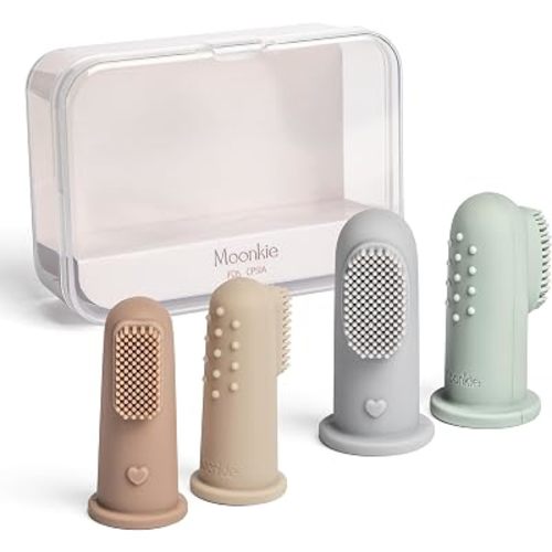Moonkie Baby Toothbrush Finger Toothbrush Oral Cleaner Kit for 3 Months +, 4 Pcs Small (Sand/Warm Taupe)/Large (Blue/Mint)
