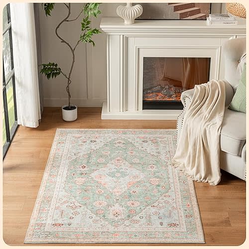 Istana 4x6 Area Rug - Light Green/Pink Rugs for Living Room 4x6 - Foldable Rugs for Bedroom 4x6 - Stain Resistant 4x6 Washable Rug - Eco-Friendly Boho Area Rugs 4x6 - Easy to Clean Living Room Rug