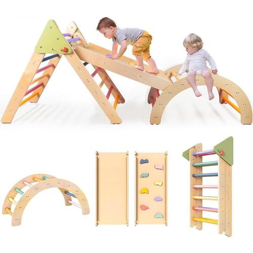 LOL-FUN Pikler Triangle Set Montessori Toddler Climbing Toys Indoor, Foldable Climbing Toys for Toddlers 1-3 Inside, 3 Piece Baby Climbing Gym Indoor Playground