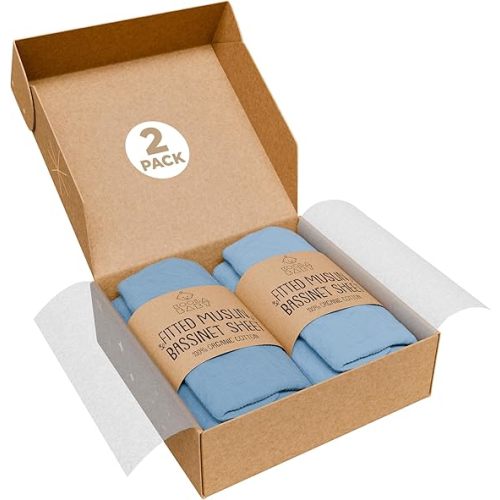 Bassinet Fitted Sheets - Compatible with Halo Bassinest Swivel Sleeper | 100% Organic Muslin Cotton - Light Blue + Dark Blue | 30x16 (2 Pack)