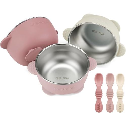 PandaEar 3 Pack Stainless Steel Suction Baby Bowls & 3 Baby Feeding Spoons | Non-Slip Stay Put Bowls & Soft Silicone First Stage Spoons for Toddlers, BPA-Free Baby Led Weaning Set (Pink White)
