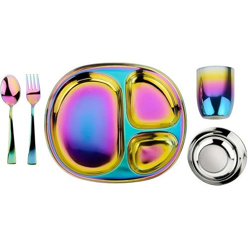 Ahimsa Stainless Steel Kids Dinnerware Set - 5 Piece Stainless Steel Toddler Plates and Bowls Set, Pediatrician Designed, Non Toxic Toddler Plate and Bowl, Kids Utensils and Cup (Rainbow)