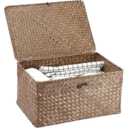 Hipiwe Wicker Shelf Baskets Bin with Lid, Handwoven Seagrass Basket Storage Bins Rectangular Household Basket Boxes for Shelf Wardrobe Home Organizer, Coffee Large
