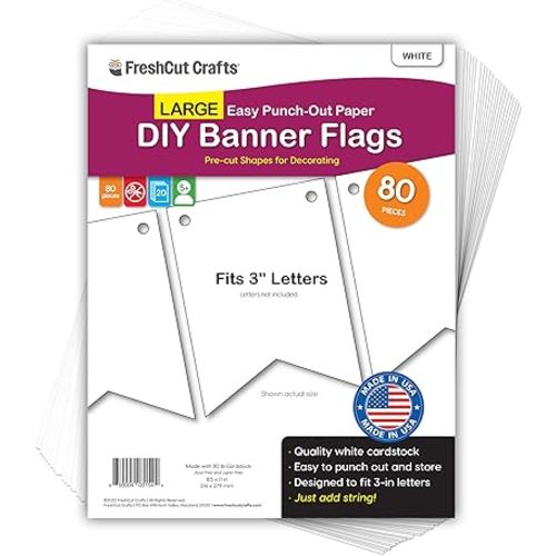 80 pcs Paper DIY Banner Flags White Pennant Banners, Large (3.75 x 5 in), US Made Card Stock Punch Out Blank Pennants for Party Decorations, Kids Birthdays, Classroom, Celebration, Festive Parties