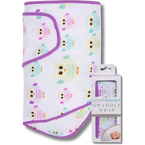 Miracle Blanket Swaddle Wrap – Help Your Newborn Sleep Longer – Soft & Secure Sleep Sack for Infants – Easy-to-Use Swaddling Blanket for a Calm Baby (Owls with Purple Trim)