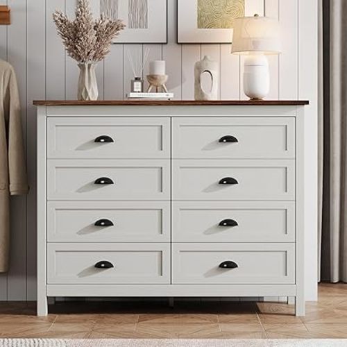 Farmhouse White Dresser for Bedroom, Wide Wood Dressers & Chests of Drawers, Modern 8 Drawer Double Dresser for Bedroom with Vintage Black Handle, 8 Drawer Dressers for Hallway, Antique White