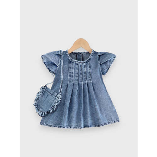2 Pc Baby Girl Denim Pleat Dress w/ Bag