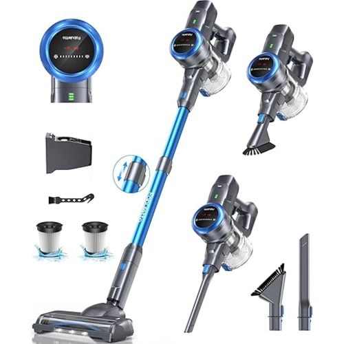 FABULETTA Cordless Vacuum Cleaner, Self-Standing Brushless Stick Vacuum for Home, 15-50Min Running Time, 5-Layer Filtration System, Anti-Tangle Brush, LED Display, Lightweight