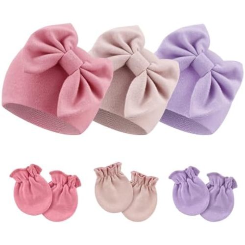 BQUBO Newborn Baby Hospital Hats Beanie Bow Infant Caps Baby Cotton No Scratch Mittens Set for 0-6 Months
