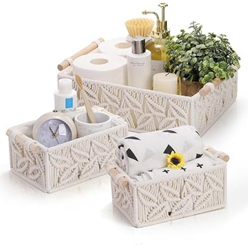 ZOOFOX Set of 3 Macrame Storage Basket, Handmade Woven Boho Basket with Cloth Liner and Wooden Handles, Decorative Toilet Tank Shelf Cabinet Organizer for Bedroom Living Room Nursery