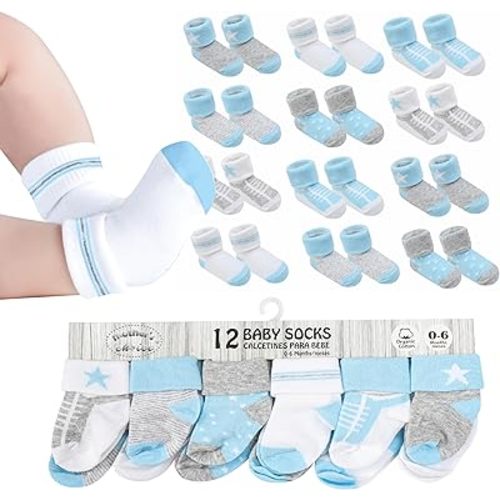 Organic Cotton Baby Socks, 12 Pairs, Unisex 0-6 Months - Soft, Hypoallergenic Newborn & Infant Socks - Baby Girl & Boy Gifts, (US, Age, 0 Months, 6 Months, 12, Blue - Gray - White)