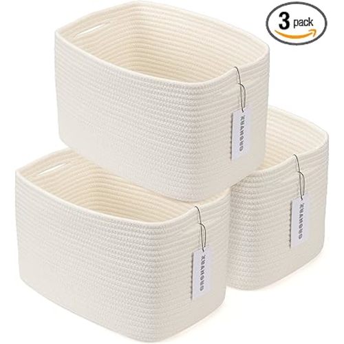 Cotton Rope storage Basket Bins Woven Basket for Organizing Shelves Rectangle Decorative Baskets For storage Clothes Toys Books Towels Square Wicker Nursery basket organizer 3 pack white - White
