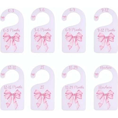 8pcs Baby Closet Dividers Nursery Closet Organizer Baby Wardrobe Organizer Nursery Decor Pink Bows Hanger for Newborn to 24+ Months Size Clothes Hanger Dividers