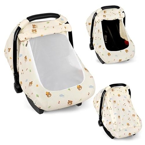 Hooyax Muslin Car Seat Cover Baby - Breathable and Privacy Car Seat Canopy with 3 Modes - Easy Install & Gift Box Packaging, Universal Fit for Infant Car Seats, Bear
